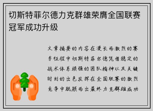 切斯特菲尔德力克群雄荣膺全国联赛冠军成功升级