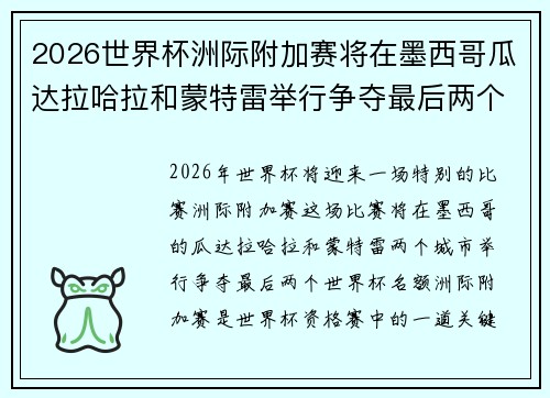 2026世界杯洲际附加赛将在墨西哥瓜达拉哈拉和蒙特雷举行争夺最后两个名额 2026世界杯洲际附加赛将在墨西哥瓜达拉哈拉和蒙特雷举行争夺最后两个名额